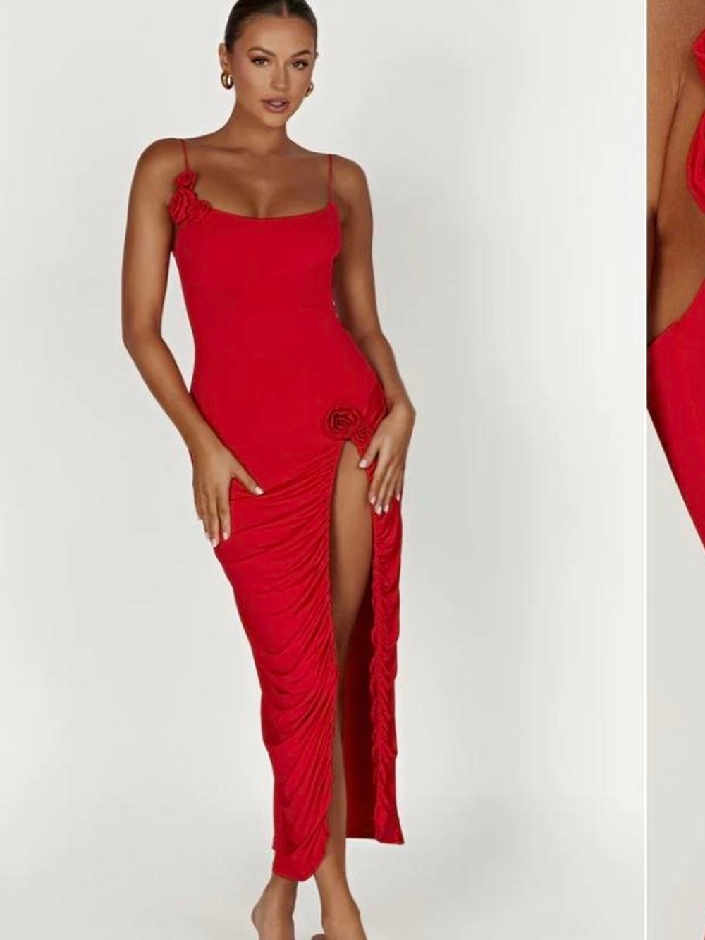 Meshki Red rose Ruched Midi Dress with High Slit